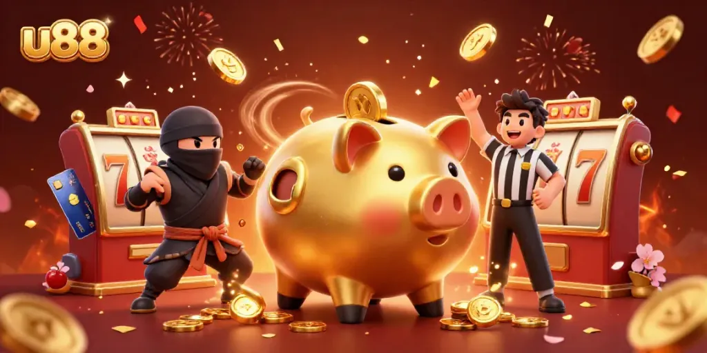 Experience the excitement of u88 with a vibrant 3D casino scene featuring a golden piggy bank sumo wrestler and dynamic gameplay elements.