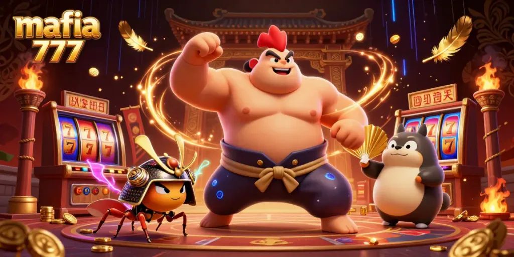 Mafia casino 777 themed illustration featuring a powerful rooster sumo wrestler, a fierce cricket, and a tanuki announcer in a vibrant casino atmosphere with slot elements.