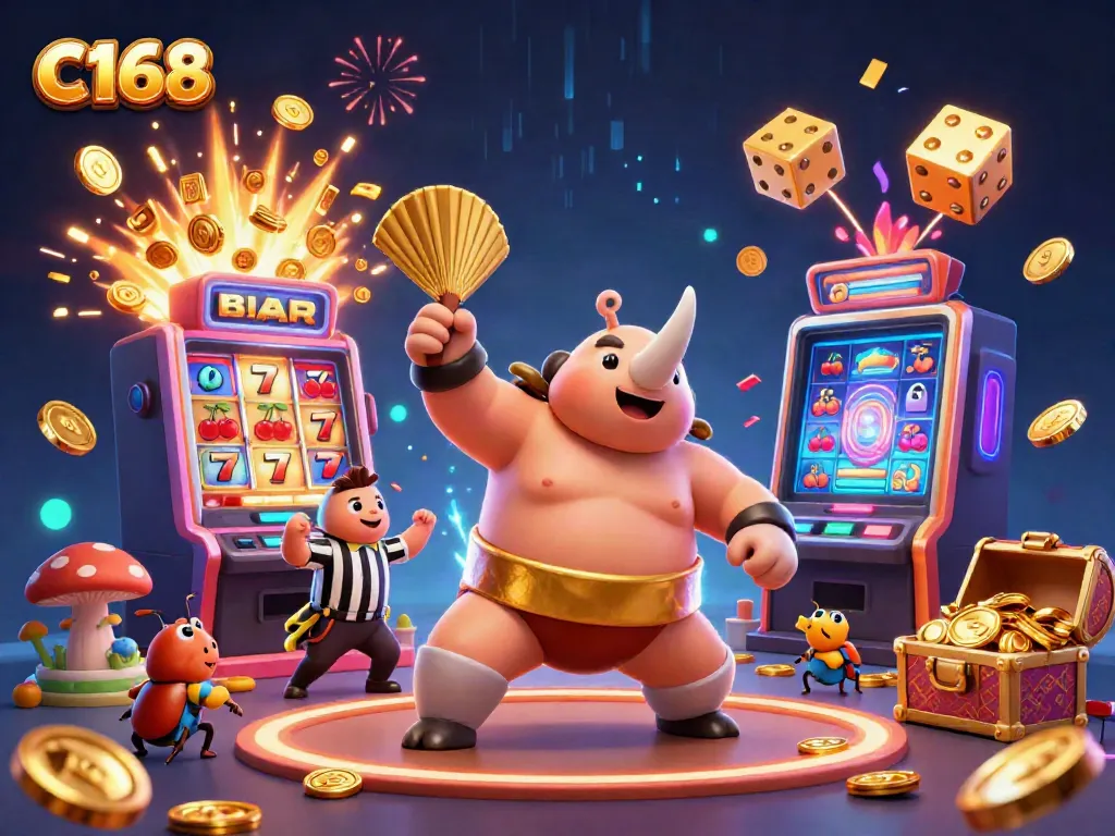 C168 showcases a dynamic slot game scene with beetle champions amidst gold coins and colorful symbols