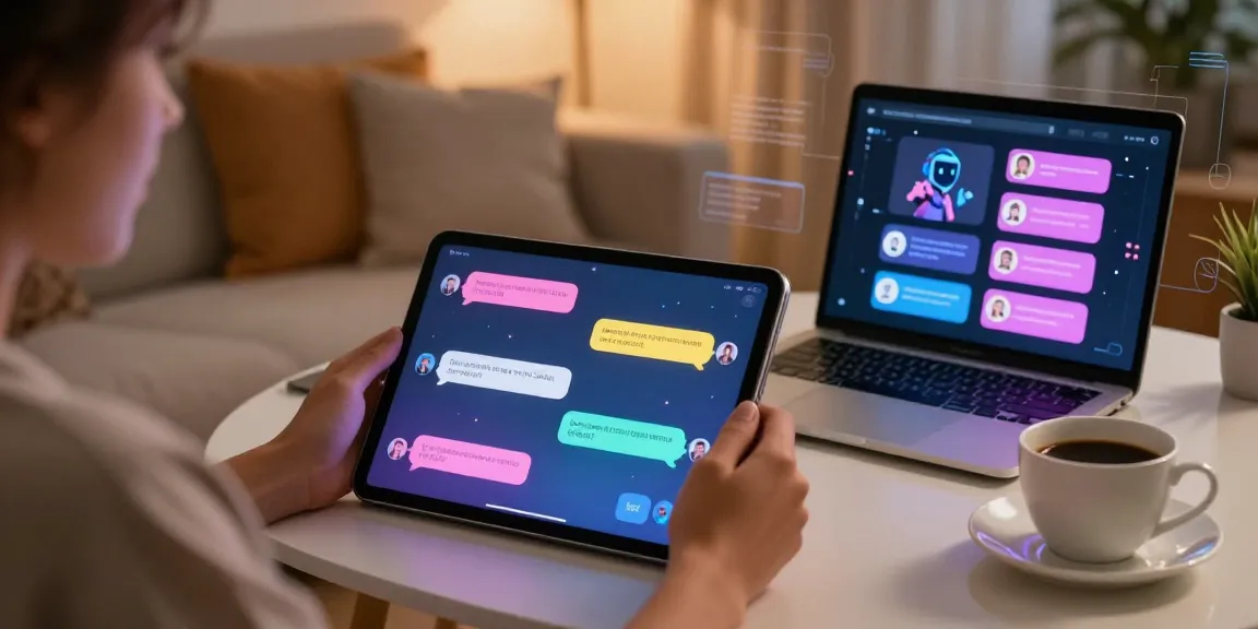 Engaging AI sex chat on a sleek tablet, showcasing vibrant dialogue and tech-savvy intimacy.