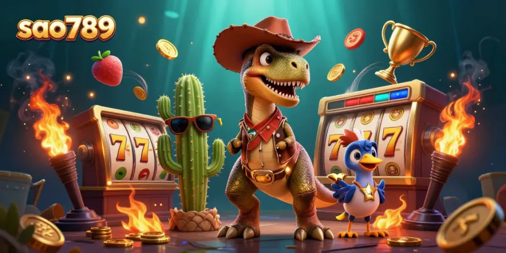 Sao789 immersive casino scene featuring a cowboy dinosaur and dynamic slot game elements.