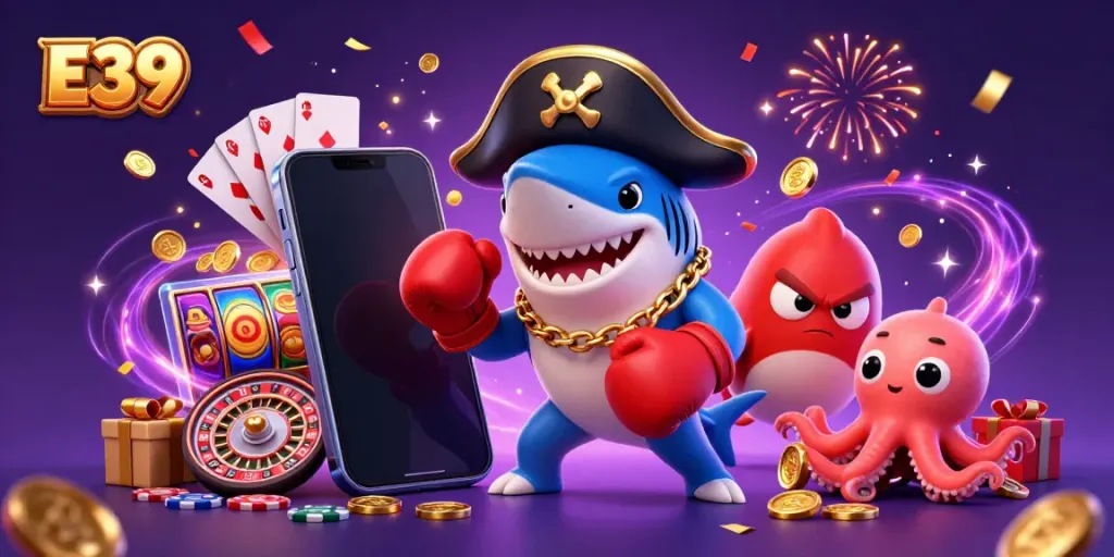 E39 pirate shark leading a vibrant casino scene filled with slots, coins, and confetti.