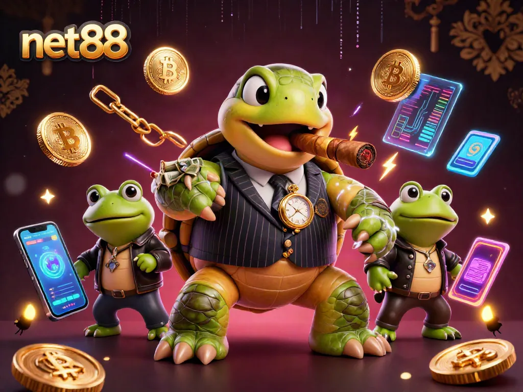 Experience the thrill of gaming with the vibrant net88 scene featuring casino characters and crypto elements.