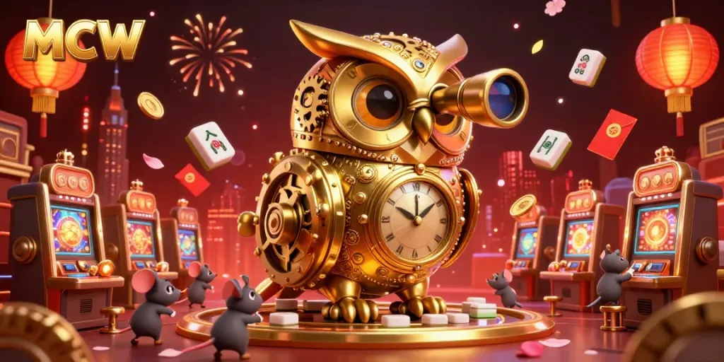 Engage with MCW's vibrant casino world featuring animated characters, golden cash, and festive lanterns.