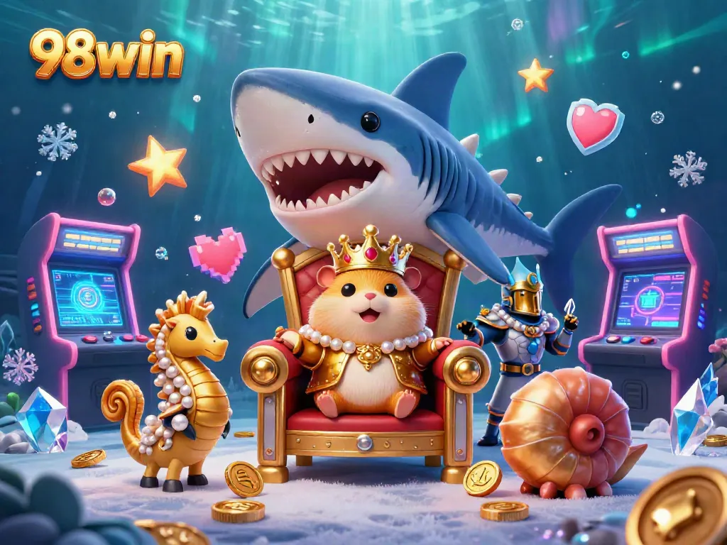 Engage in thrilling gameplay with 98win, featuring a golden hamster king and vibrant arcade elements.