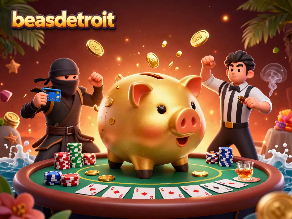 Experience the excitement at beasdetroit with a vibrant casino scene featuring a golden piggy bank wrestler.