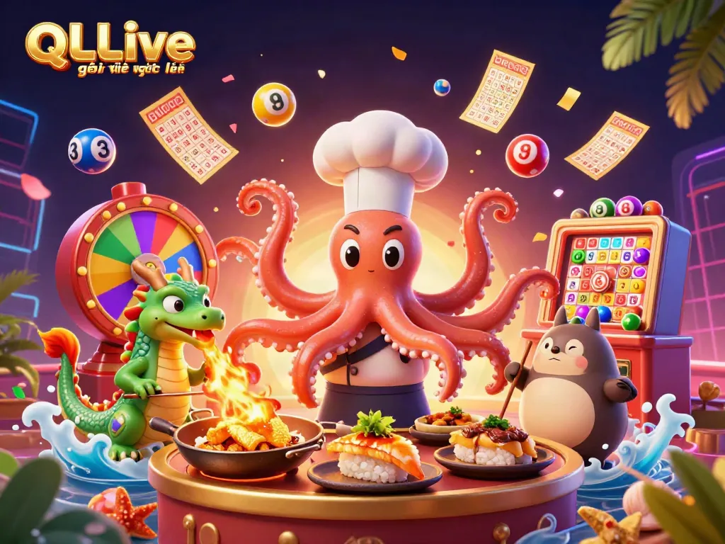 Engage with QQLive giải trí trực tuyến through a vibrant casino scene featuring dynamic lottery elements and whimsical characters.