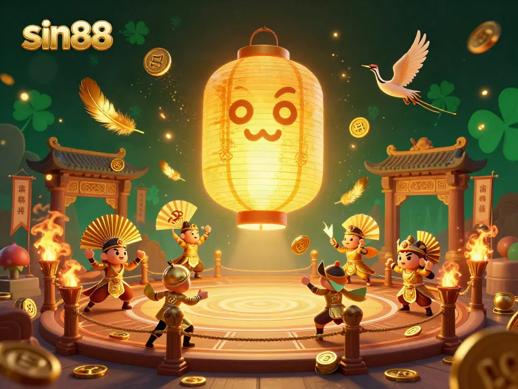 Experience thrilling gaming at sin88 with a captivating floating lantern spirit and enchanting warriors in a vibrant casino scene.