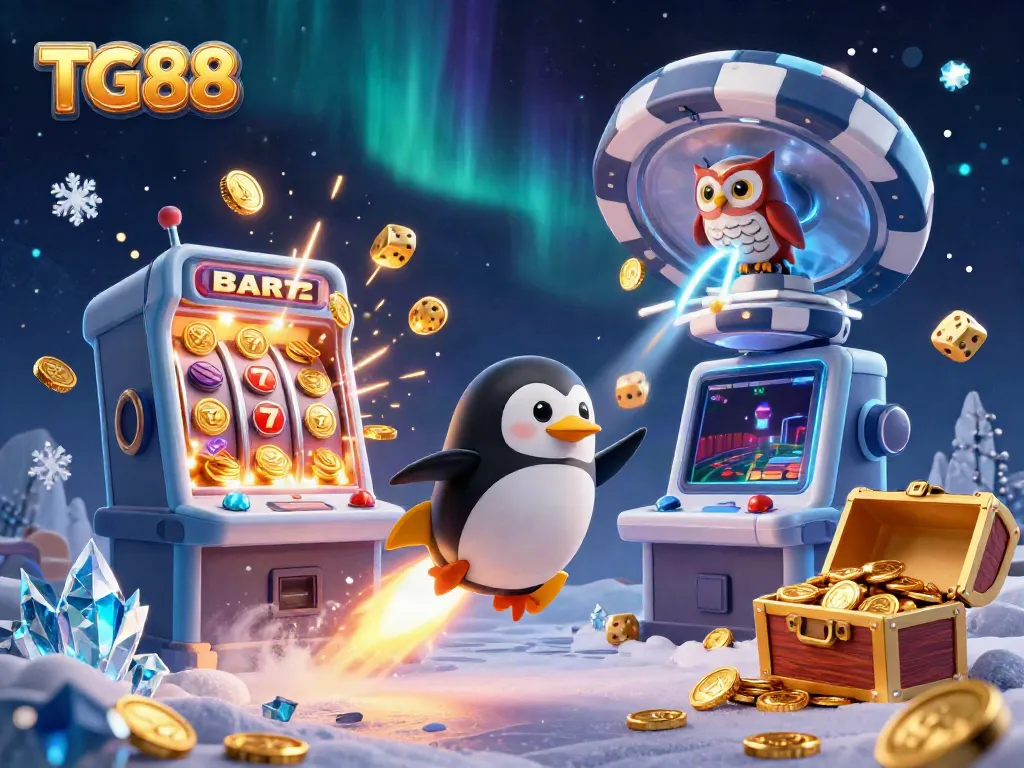 Engage in thrilling gameplay with TG88 as a golden penguin shoots towards a dazzling casino.