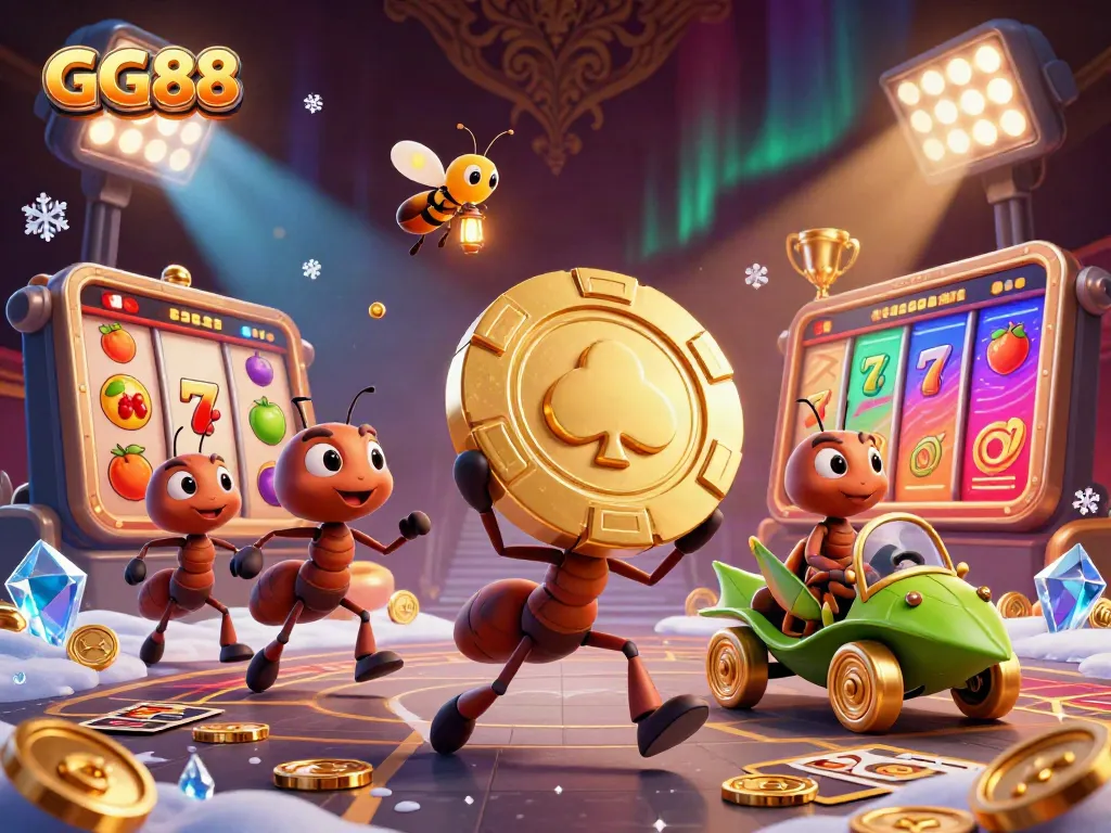 Experience the thrill with GG88's dynamic 3D illustration showcasing epic gaming elements in a vibrant casino setting.