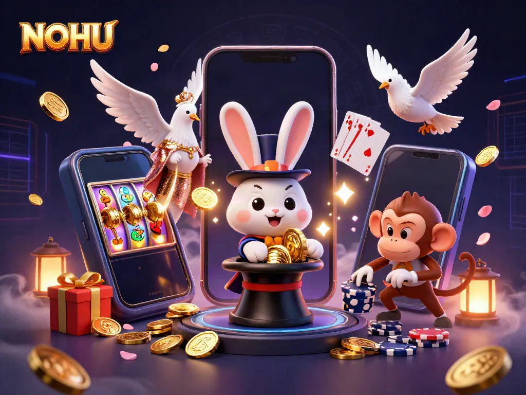 Experience magical wins at NOHU with a vibrant scene of a magician pulling coins and a dove amidst casino excitement.