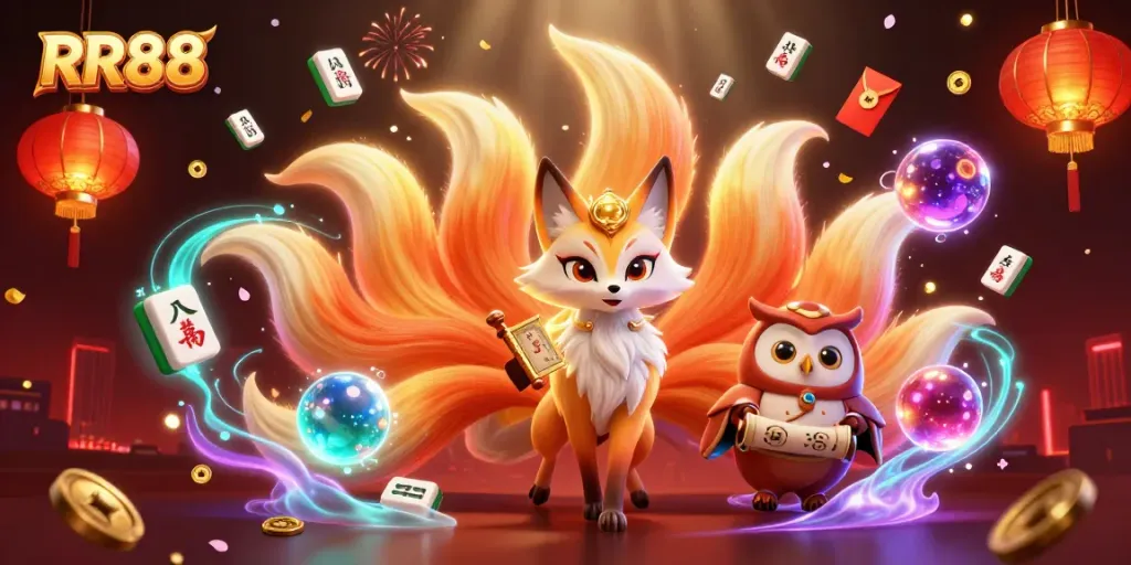 Experience the magic of RR88 with a colorful nine-tailed fox and wise owl, surrounded by vibrant gambling elements.