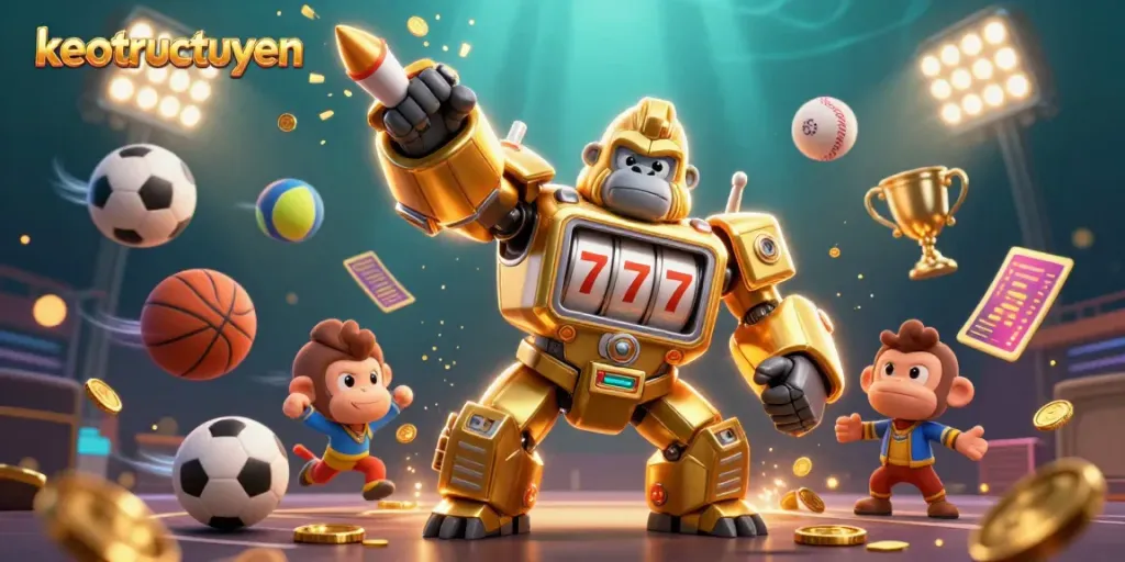 Engage with keotructuyen's dynamic gaming world featuring a golden gorilla mech and various sports elements.