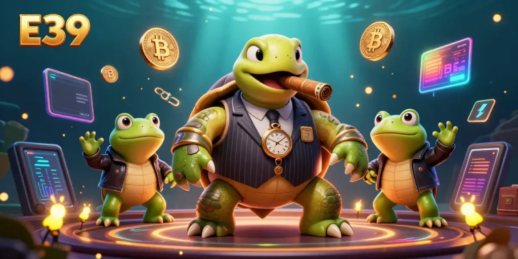 Experience thrilling casino adventures at E39 with a cartoon turtle mobster surrounded by vibrant crypto elements.